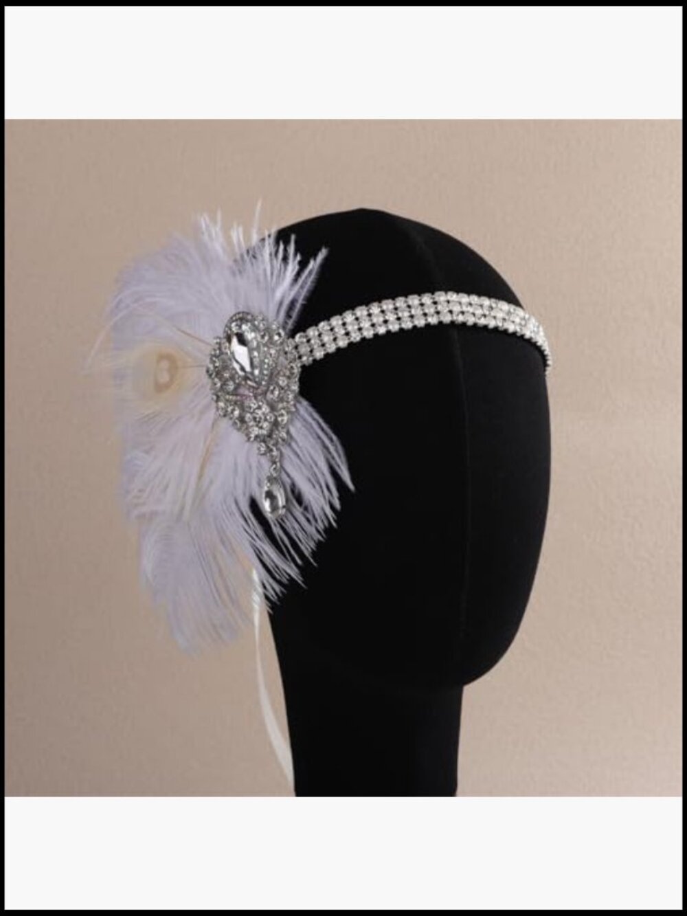 1920s Flapper White Feather Headband with Crystal Pendant Rhinestone Hair - Picture 3 of 7